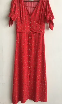

Women Dress New Style Puff Sleeve Small Ribbon Printed Waist Dress