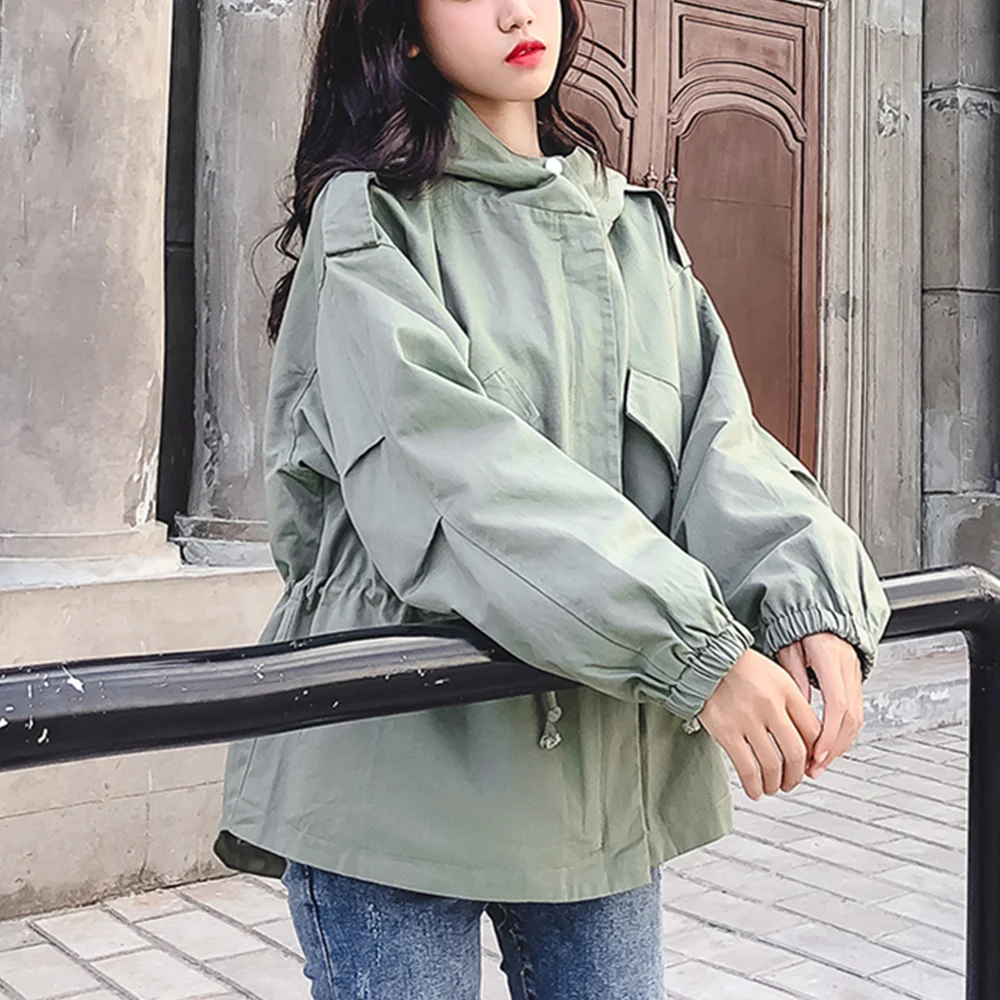 Green Trench For Women Hooded Loose Black Coats Autumn Femme Trench Casual Female Windbreaker Loose Jacket Fashion Women Clothes