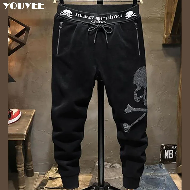 Casual Pants Skull Trendy Black Micro Elastic Cotton Male Diamond Trendy Hip-Hop Sweatpants Sports Goth Pants Men's Clothing