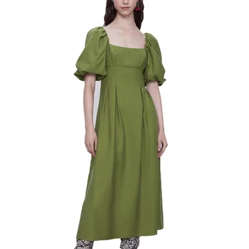 

Elegant ZA Midi Summer Dress Women 2020 Puff Short Sleeve Square Collar Backless Female Chic Long Party Dresses Vestidos