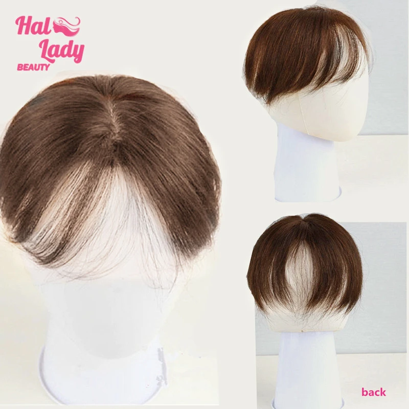 Halo Lady Beauty-Peluca de pelo corto con flecos para mujer, peluquín indio Natural humano, pelo blanco oculto, liso, no remy
