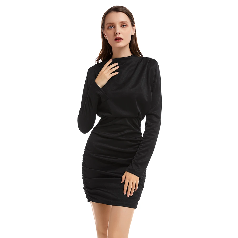 Платье-мини Плиссированное с высоким воротником длинным рукавом и | Женская