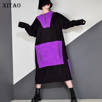 

XITAO Patchwork Zipper Casual Dress Women Spring Autumn Fashion New Style Hoodie Collar Long Sleeve Pocket Drawstring XJ5100