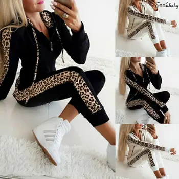 

2pcs Womens Leopard Print Tracksuit Sets Lounge Wear Zipper Long Sleeve Hooded Tops+Long Pants Two Piece Suit Sweatpant Casual