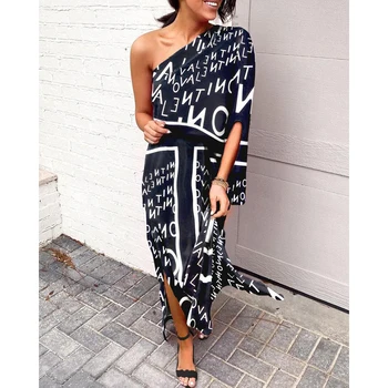 

STYLISH LADY Letter Printed One Shoulder Dress 2020 Summer Women Loose Bandage Club Party Long Split Vestidos Femininos