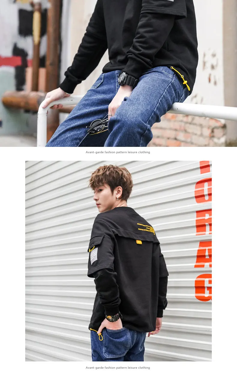 Cotton Fake Two Pieces Printed Men's Sweatshirts Patch Designs Mens Hoodies Male Loose Casual Round neck Hoodie Streetwear