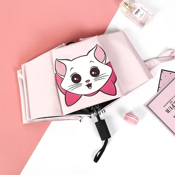 

8 bone New Style Pink Beauty Cat Tri-Fold Manual Sunshade Black Glue Sun Protection UV Protection Rain and Rain Dual-Use