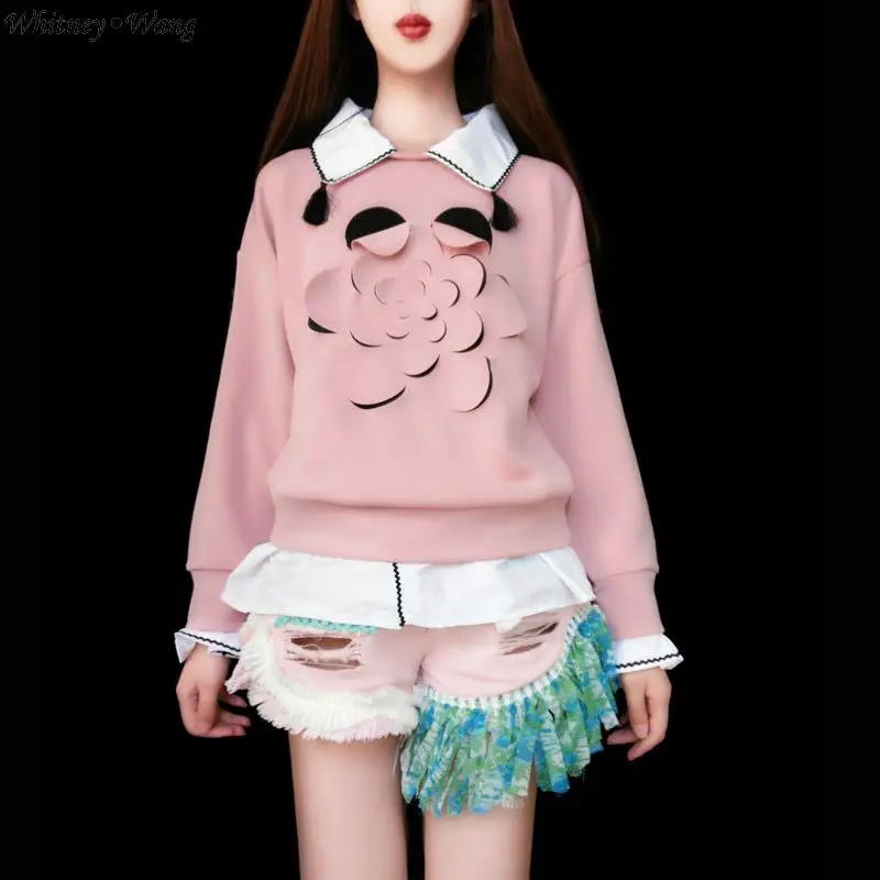 WHITNEY WANG Осенняя мода уличная Fack 2 шт. Лоскутная 3D Цветочная Толстовка женские толстовки пуловер