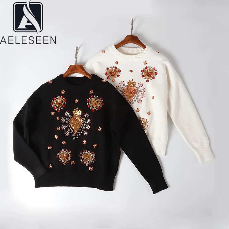 AELESEEN 2020 New Arrival Spring High Quality Knitting Women Runway Design Sequined Strawberry Pattern Luxury Diamonds Sweater | Женская