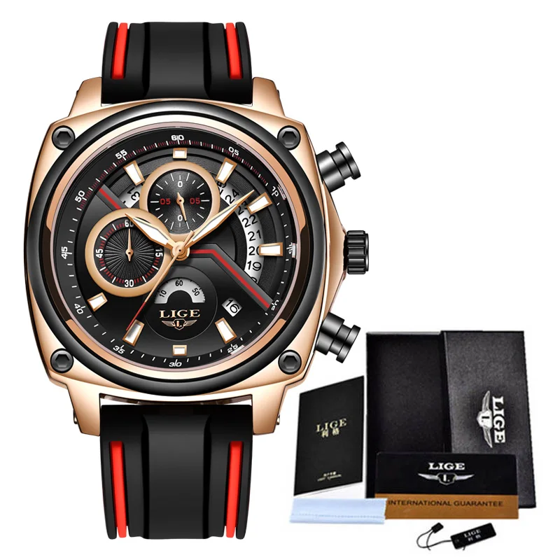 Rose gold black LIGE мужские часы Топ люксовый бренд мужские уникальные спортивные часы мужские кварцевые часы мужские водонепроницаемые наручные часы Relogio Masculino+ коробка - Цвет: Rose gold black