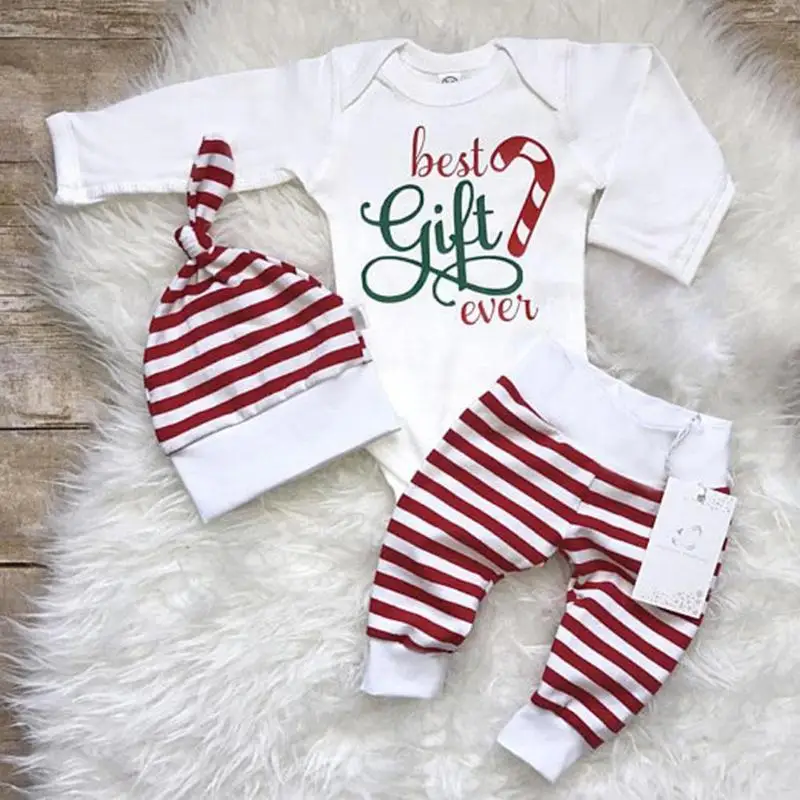 

3pcs Christmas Romper set Baby Cute Letter Print Long Sleeve Rompers Pants Hat Christmas Gift Clothes