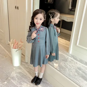 

European Retro Dress Kids Girls Dress Classic Striped Bow Pleated Dress for Girls Autumn Long Sleeve Child Wedding Formal Dress