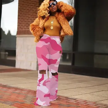

Ripped Bell Bottom Camouflage Pants Women Flared Trousers Skinny Ladies Casual Pants Sexy Fashion Streetwear Pink Blue Fall 2019