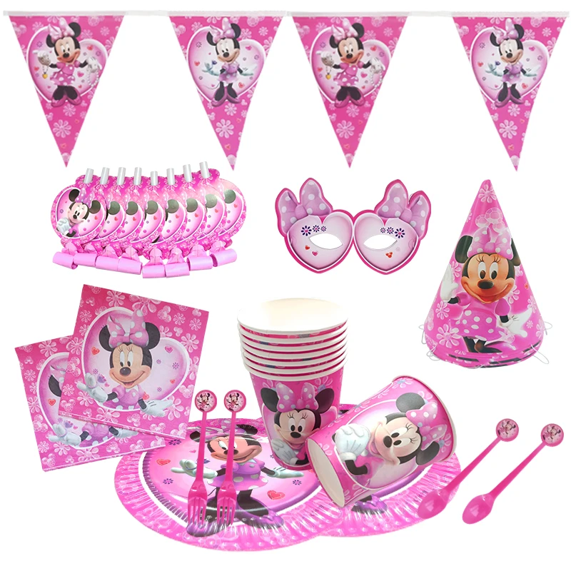 

Disney Minnie Mouse Theme Birthday Party Supplies Cup Plate Ballon Kids Girl Party Decoration Disposable Tableware Dinner Set