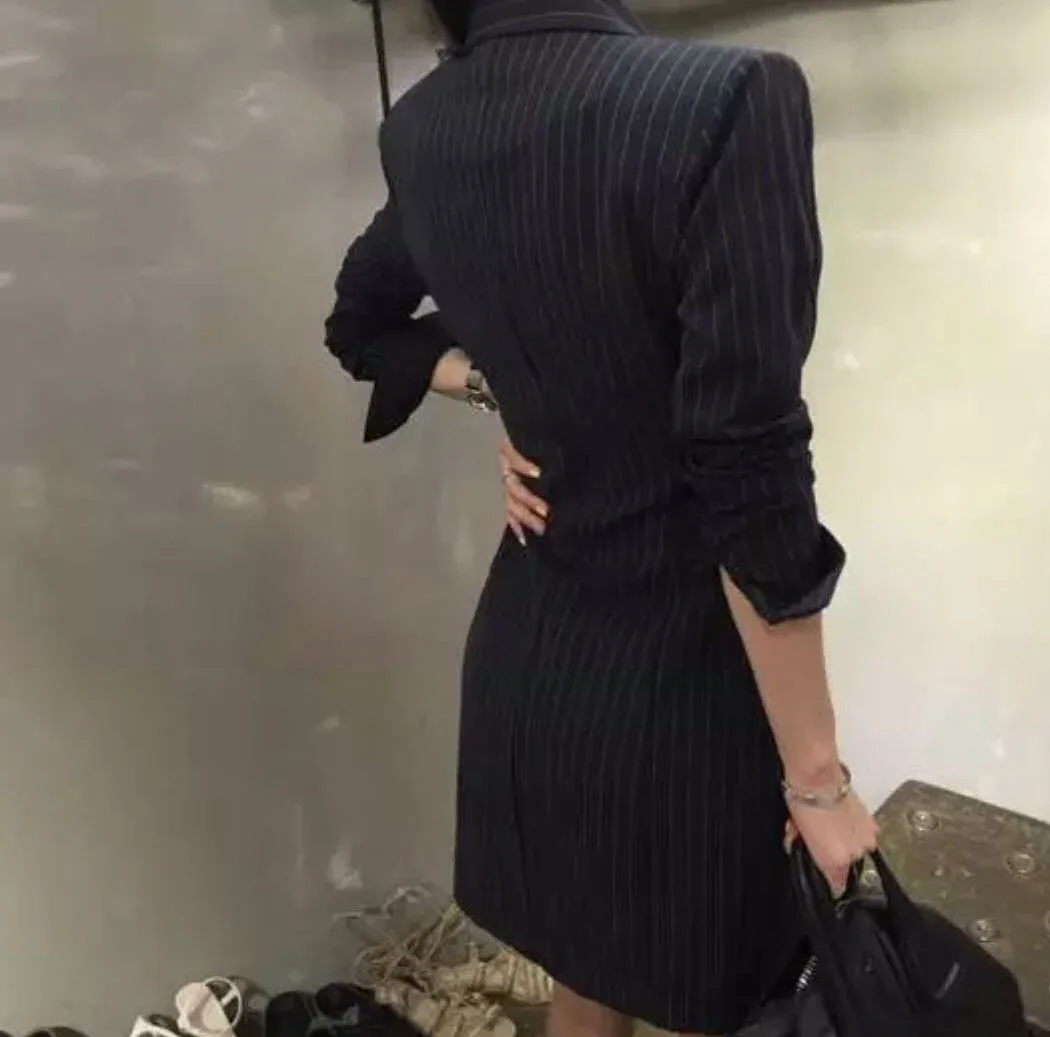 Осенний женский офисный Длинный блейзер с v-образным вырезом, повседневный Тонкий Блейзер с длинным рукавом, двубортный пиджак в полоску