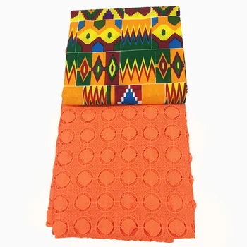 

wholesale! african wax print fabric kent fabric hot ankara african wax prints+embroidered lace orange milk silk lace for garment