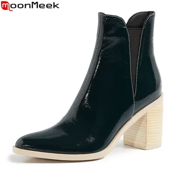 

MoonMeek 2020 High quality fashion women boots genuine leather boots thick high heels pointed toe ankle boots for woman