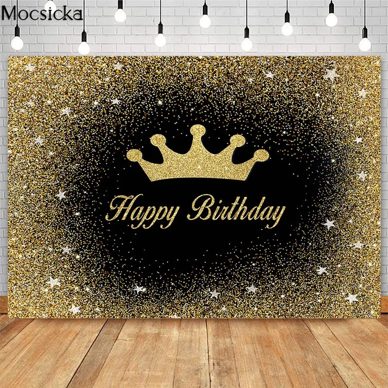

Mocsicka Happy Birthday Customize Backdrops Glitter Golden Dots Stars Crown Dessert Table Photographic Props Background
