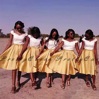 

2020 Knee Length Bridesmaid Dresses With White Top and Gold Skirt Off Shoulder A Line Wedding Party Dress Gown Vestidos
