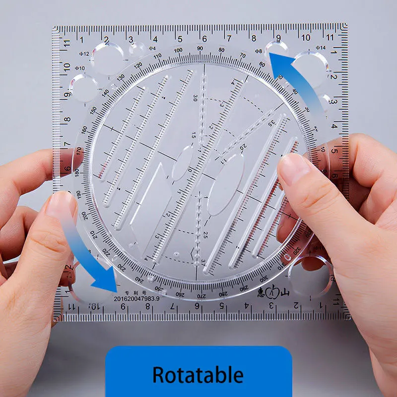 Multifunction Rotatable Drawing Template Art Design Construction Architect Stereo Geometry Circle Drafting Measuring Scale Ruler ruler set drawing ruler rotatable ruler