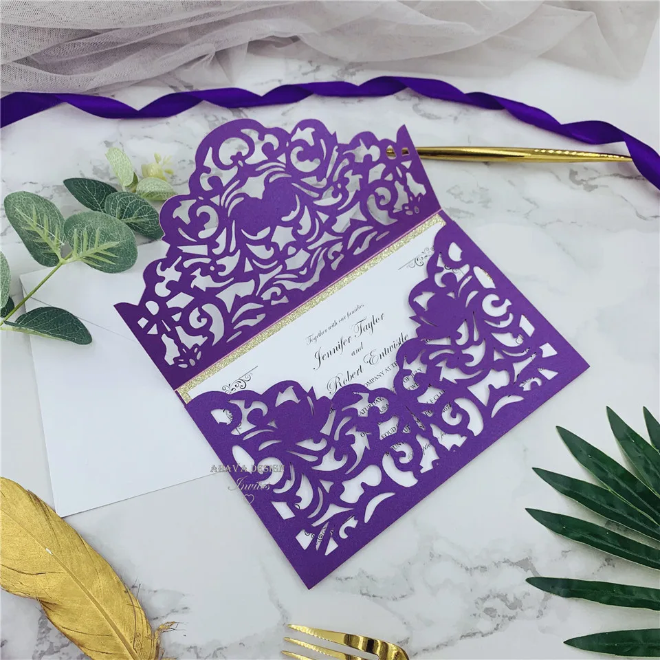 Сердечно приглашающий-Фиолетовый Мерцающий конверт с лазерной резкой с классическим приглашением и блестящей подложкой, приглашение на свадьбу
