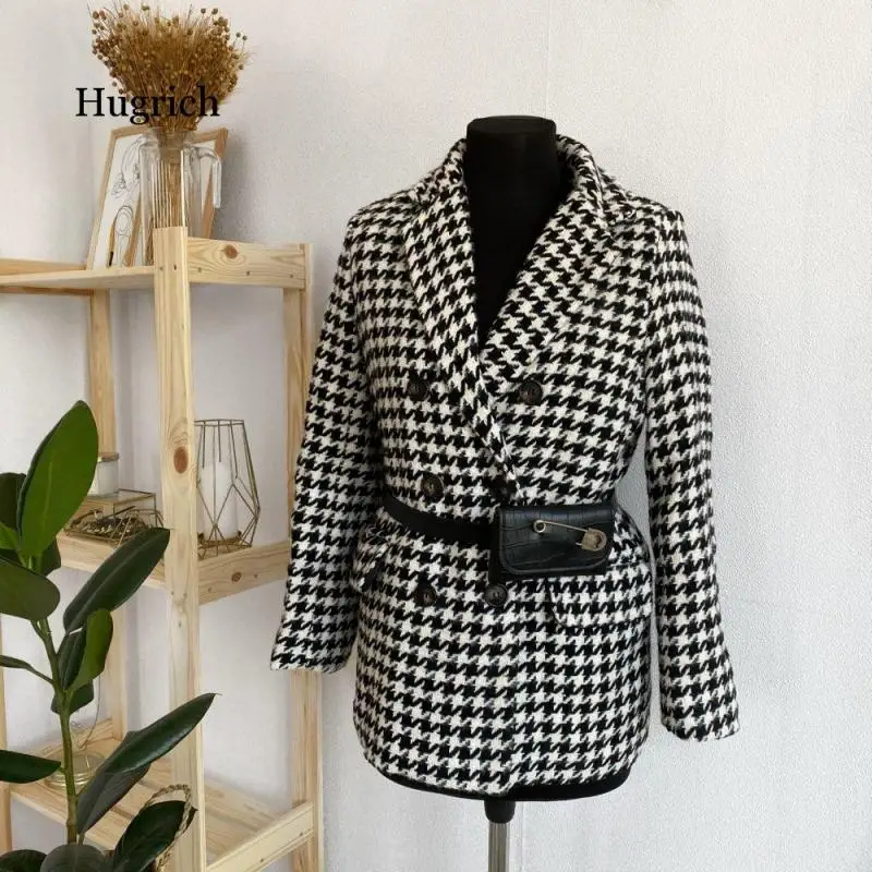 Winter Jacket New Korean Version with Waist Bag Houndstooth Woolen Autumn Thick Loose Caot