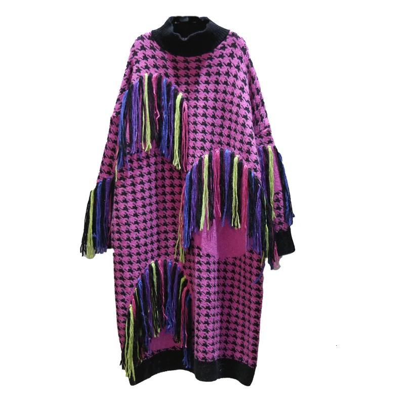 [EWQ] осень зима узор водолазка воротник с длинным рукавом кисточкой Лоскутные пуловеры винтажное платье для женщин AK02603