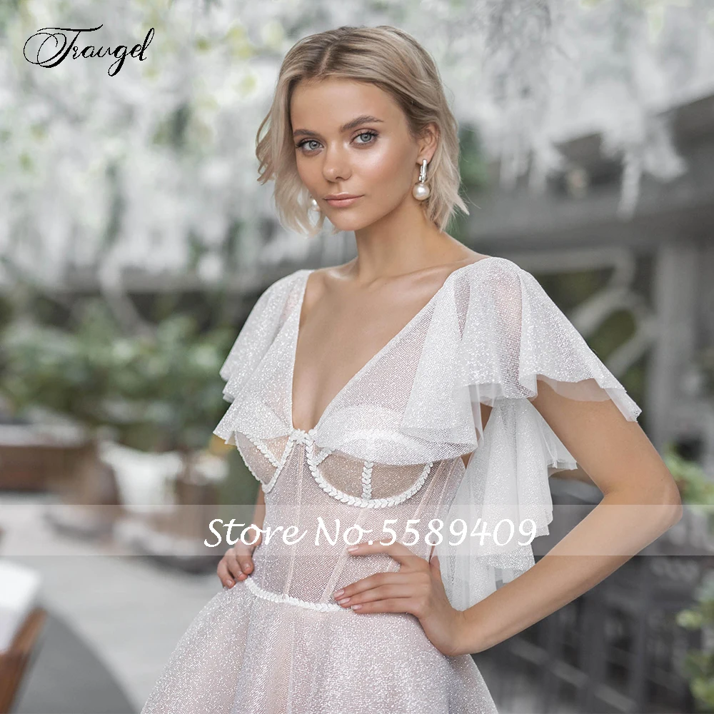 Traugel Demure V-Neck A Line Tea-Length Cocktail Dresses Glitter Applique Cap Sleeve Backless Short Lace Prom Evening Party Gown