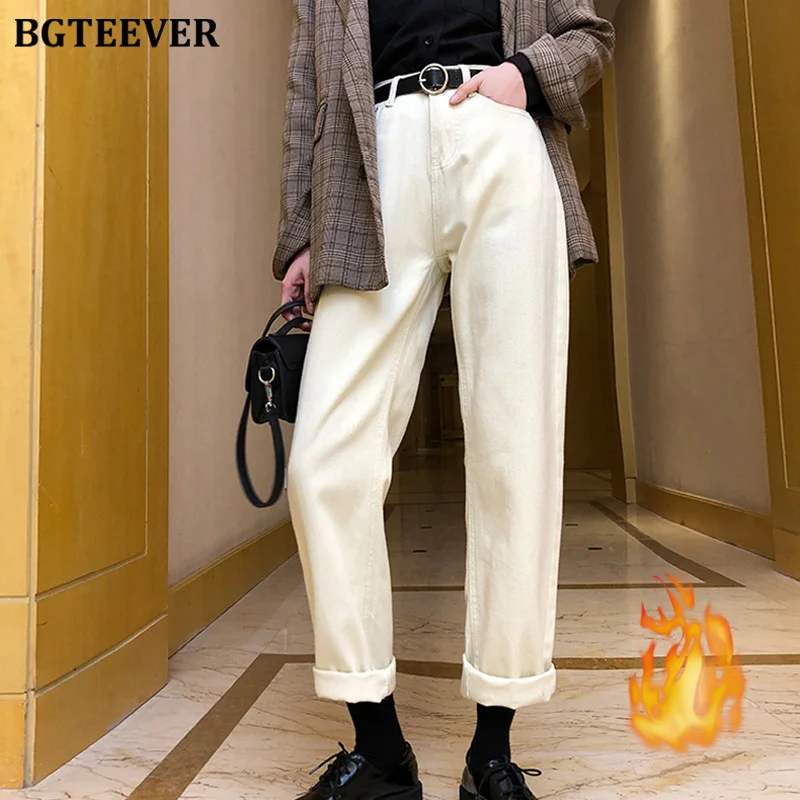 BGTEEVER, корейские шикарные прямые джинсы для женщин, с поясом, плотные вельветовые джинсы для женщин, с высокой талией, флисовые теплые джинсовые штаны для женщин - Цвет: apricot thick fleece
