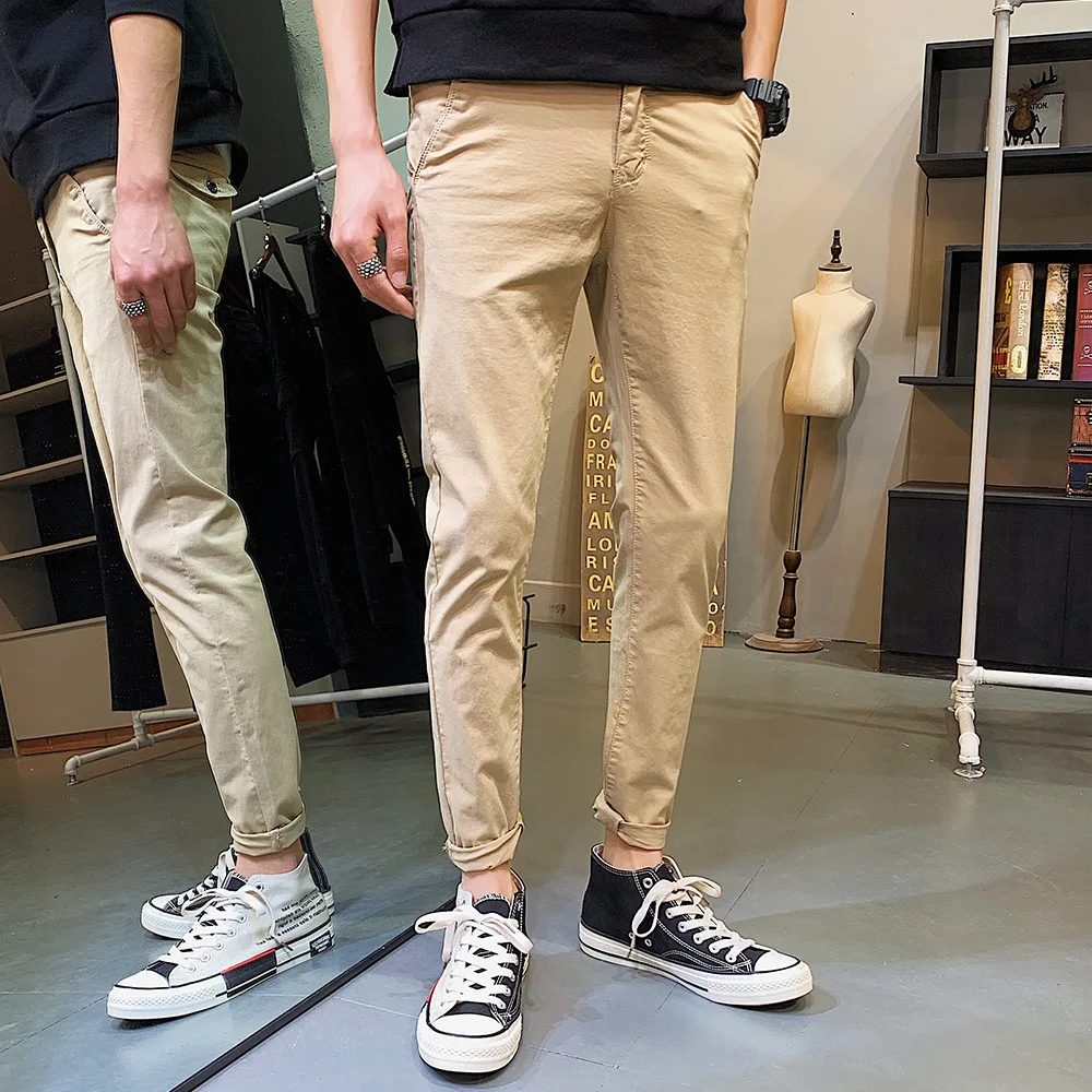 

FUHAOGONGSHE Spring New Style Men Elasticity Casual Pants Students Pure Cotton bai da bu Pants Korean-style Straight-Cut Long Pa