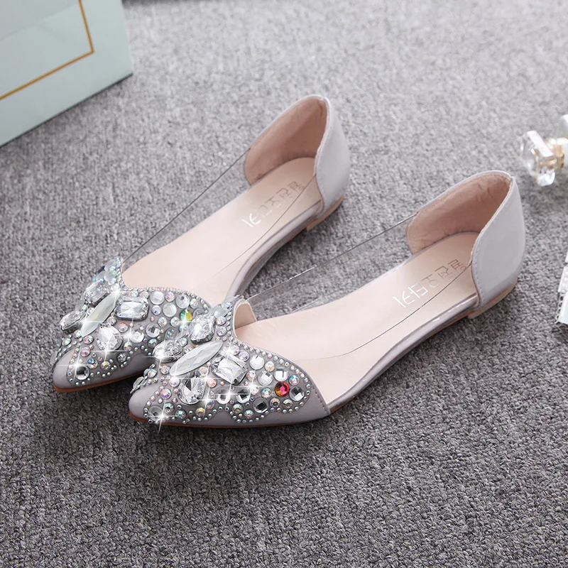 

2019 Spring New Style Korean-style Pointed-Toe Man-made Diamond Flat Keel Thin Shoes Women's Low-Cut Flat Heel Transparent WOMEN