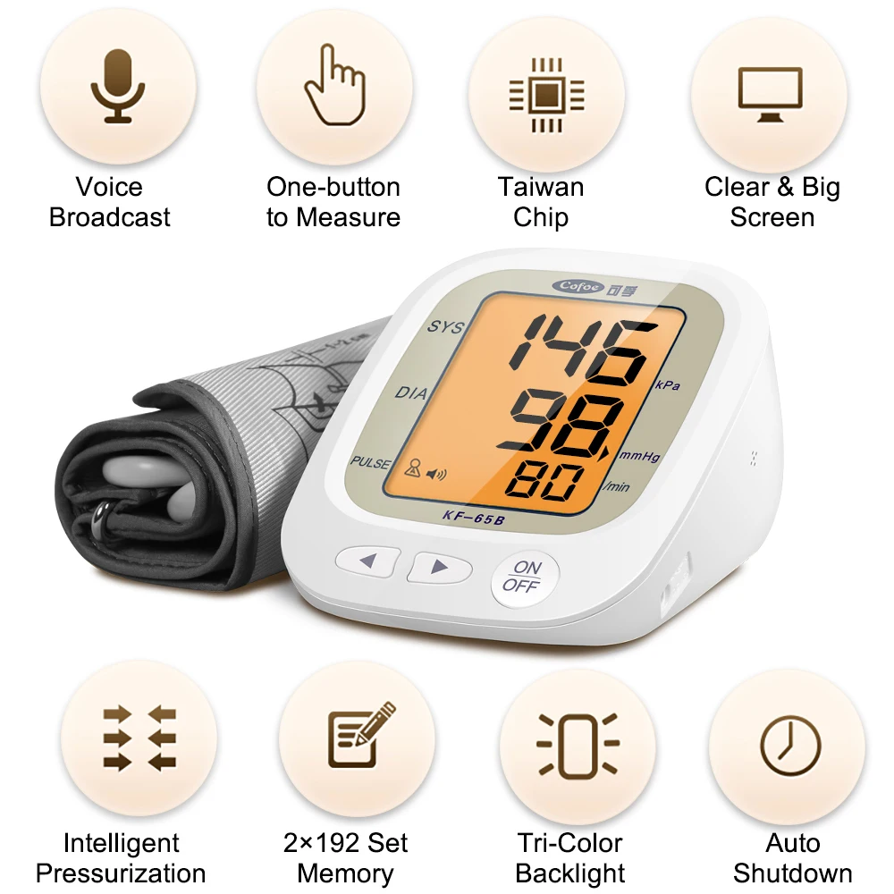 Cofoe Voice Digital Automatic Upper Arm Blood Pressure Monitor Household Electronic Sphygmomanometer Large capacity memory value