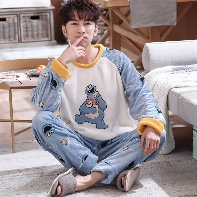 men pajamas winter 4XL размера плюс Мужские пижамные комплекты зимние Длинные коралловые флисовые Мультяшные полосатые толстые теплые пижамы для мальчиков Pijama Mujer повседневные пижамы - Цвет: men pajamas winter