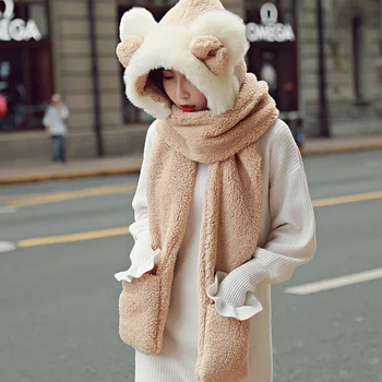

3 In 1 Thick Cute Sweat Absorb Solid Plush Warm Scarve Fashion With Gloves One Piece Washable Outdoor Soft Women Winter Hat