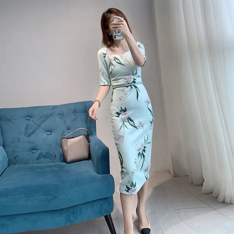 Vestido de primavera-verano elegante para mujer, manga corta, dibujo de cuello cuadrado, línea A, informal, holgado de talla grande, J45, 2021