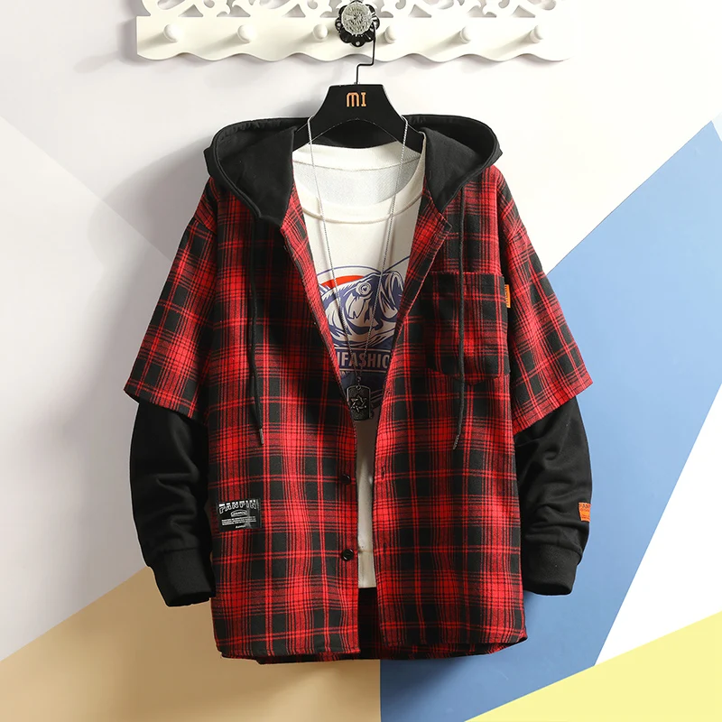 Casual Brand Jacket men Hooded Plaid Shirt Men Shirts Long Sleeves 2020 New Autumn Plus Size M-5XL