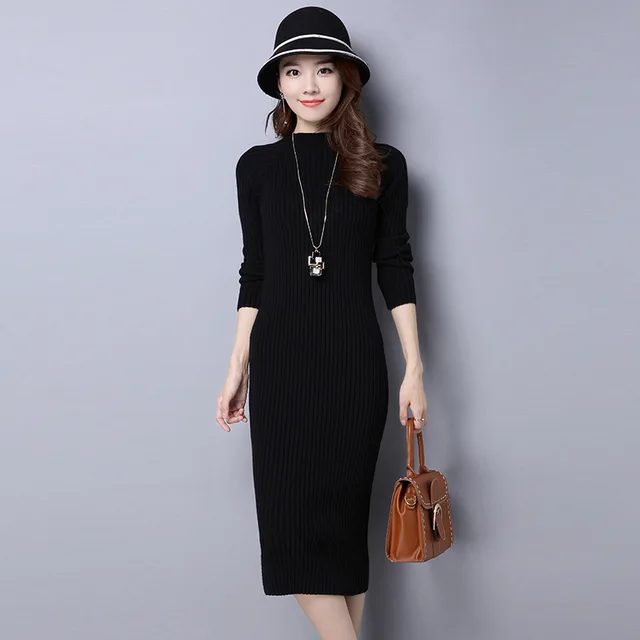 winter sweater dress long pure color Women Dresses pink red Elegant soft Knitted Sweater Dress Bodycon Slim Midi Vestidos black