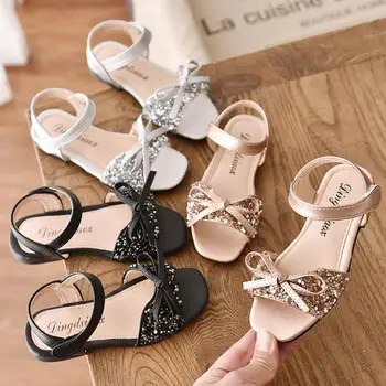 

Spring Summer Girls Shoes Kids Sandals Glitter Leather Flats With Bow-knot Sweet Princess Sequined Bling Children Shoes New