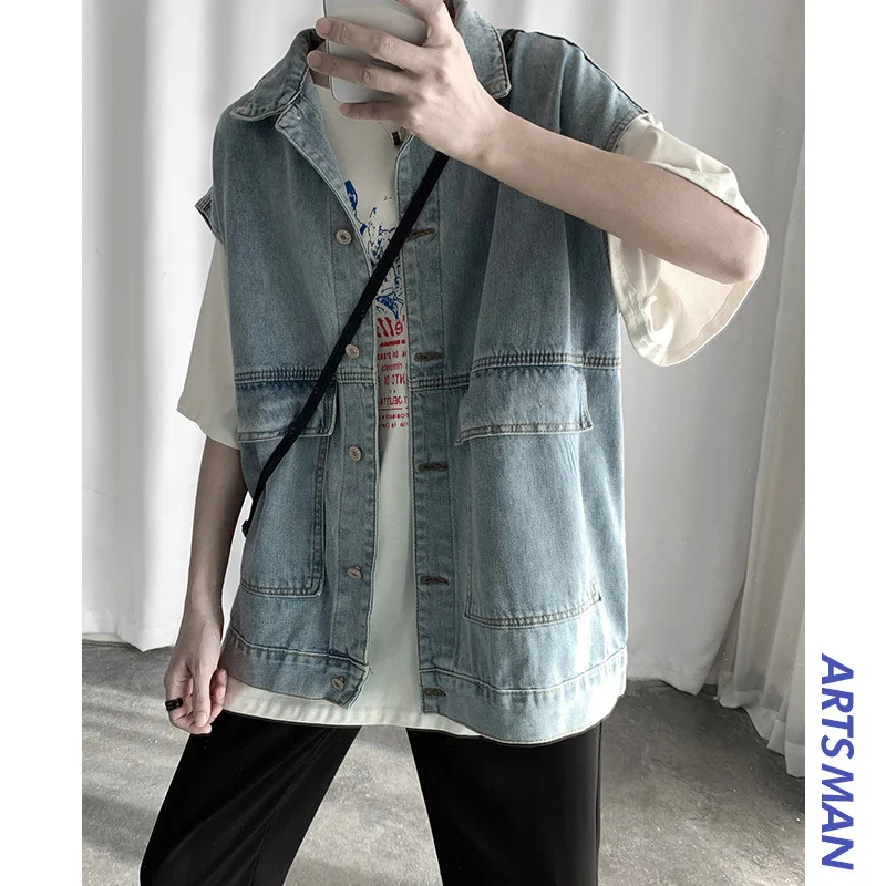 

MEN'S Coat New Style Korean-style Trend Sleeveless Denim Jacket Autumn Teenager Loose-Fit Versatile Autumn Clothing on Clothes