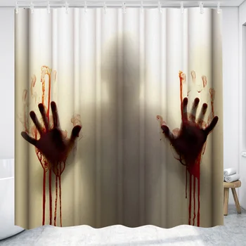 

1PC Halloween Shower Curtain Bloody Handprint Pattern Waterproof Bath Curtain for Bathroom Home Dorm with 12PCS C Type Hooks