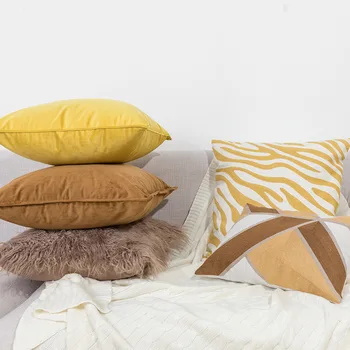 

INS yellow brown geometric sofa bed decorative cushion cover embroidery plush velvet solid pillow cover seat office pillowcase