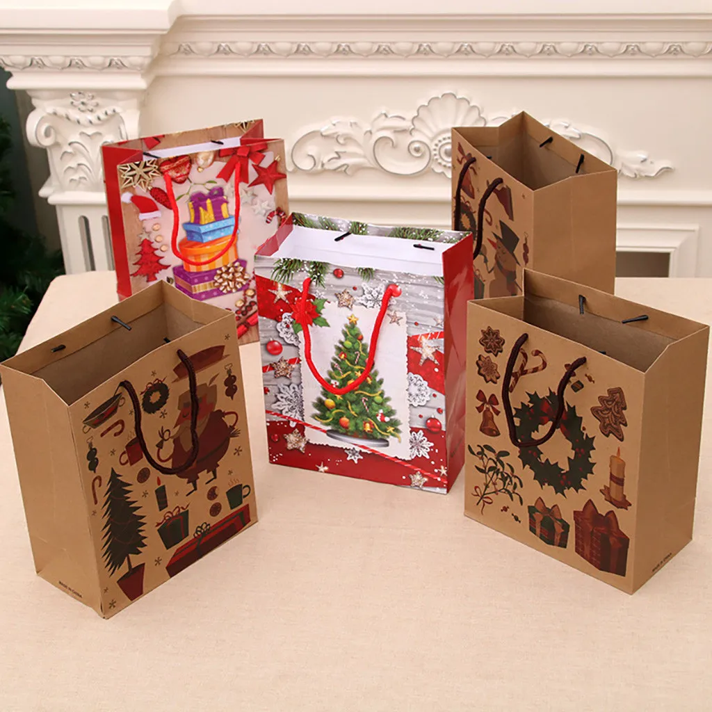 Christmas Gift Bag Paper Bag Packaging Kraft Paper Bottom Tote Bag Merry Christmas Decor Home Decorations New Garden