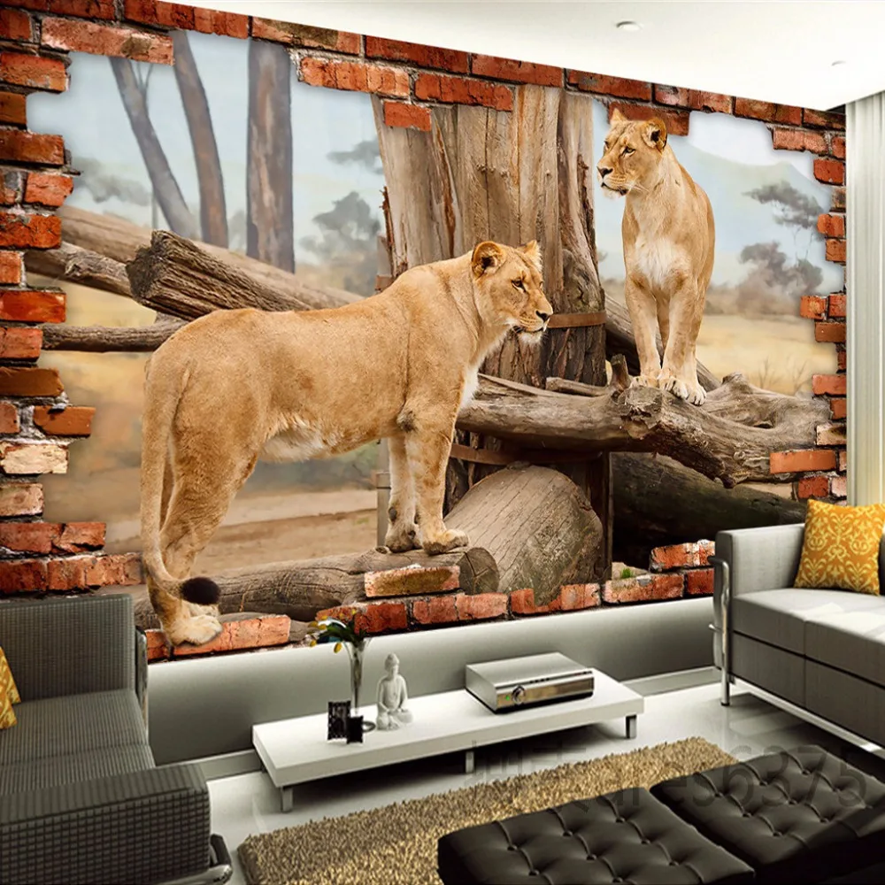 

Drop Shipping Custom Photo Wallpaper 3D Stereo Space Brick Wall Animal Lion Background Wall Sticker Mural Papel De Parede
