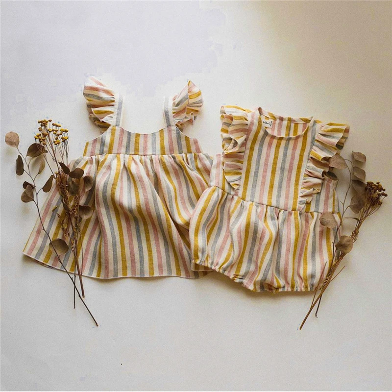 2020 Rainbow Linen Baby Boys Girls Summer Romper Brother Sister Machthing Toddler Sleeveless Rompers Baby Bubble Playsuit Onesie