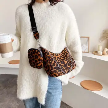 

2pcs Fashion Nylon Crossbody Bag Women Solid Color Leopard Small Purse Pendant Casual Shoulder Messenger Handbags