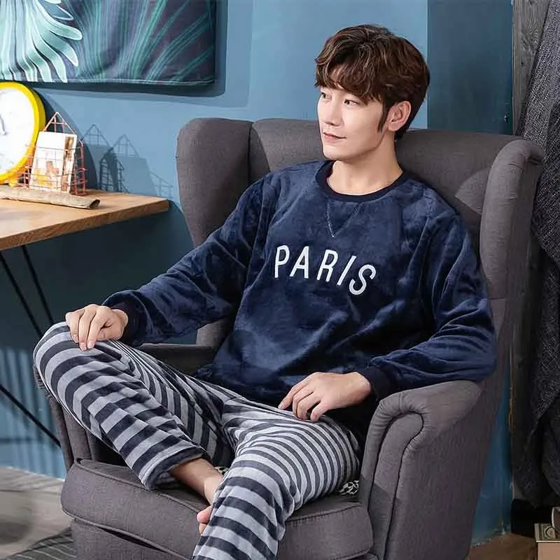 Warm mens pajamas set Autumn Winter Long Sleeve Flannel Men's Thick Sleepwear Coral Fleece Sleep Lounge Clothing men's two piece Warm mens pajamas set Autumn Winter Long Sleeve Flannel Men's Thick Sleepwear Coral Fleece Sleep Lounge Clothing men's two piece