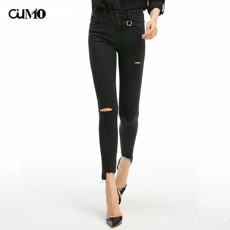 

[OuMo]brand high quality ripped jeans for women High Waist Stretch Jeans Slim Pencil Trousers Female Denim Skinny Jeggings Pants