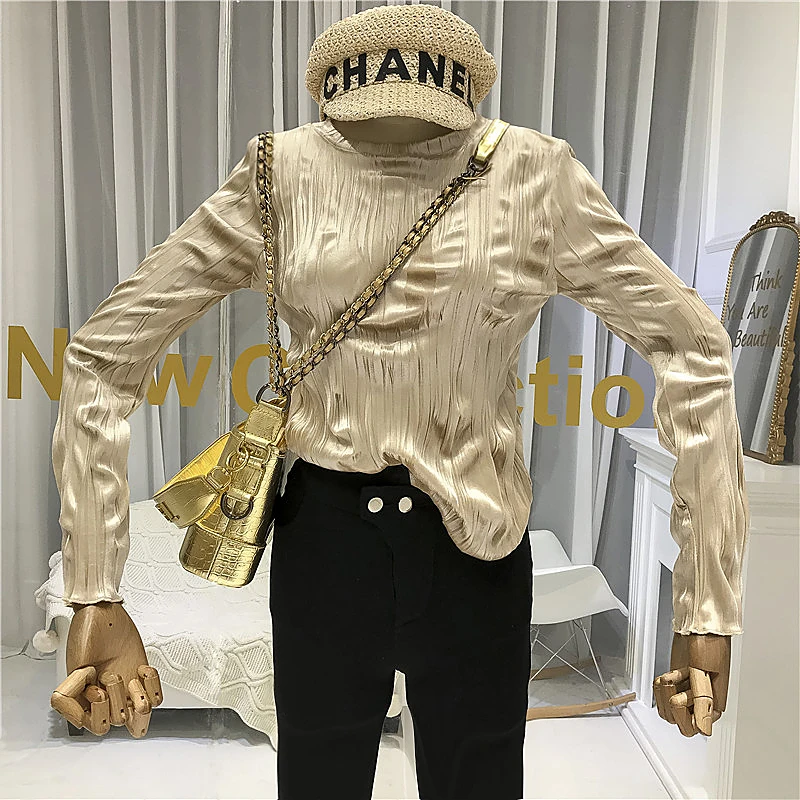 Gold Sexy& Club Women Tshirt O-Neck Solid Fashion T-shirts for Women Autumn Winter Tee Shirt Femme Korean Clothes