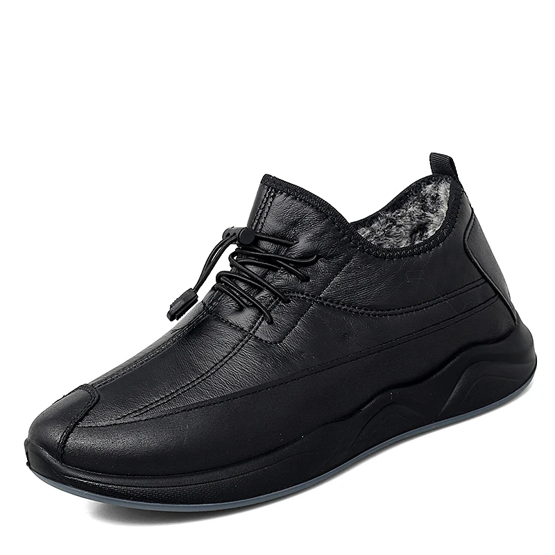 Мужская повседневная обувь из искусственной кожи; зимние уличные мужские кроссовки на плоской подошве с мехом; цвет коричневый, черный; теплые мужские модные мягкие кроссовки - Цвет: Black Fur