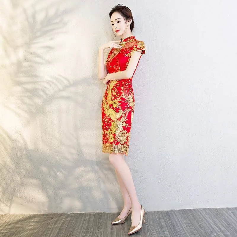 

Lace Standing Collar Hidden Zipper Gold Sequin Embroidery Improved Cheongsam Wedding Party Dress Prom Gown Vestidos